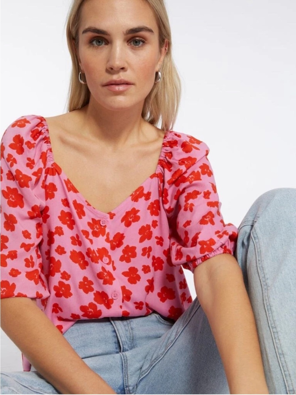 Sanctuary Pink & Red Floral Button-Front Puff Sleeve Top